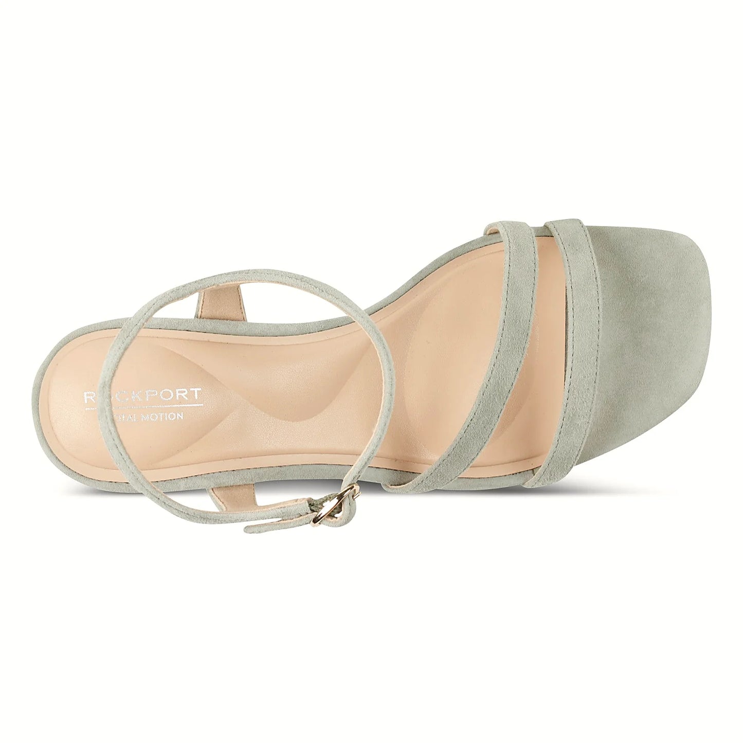 Pair of crossover dress sandals photographed from above on a plain background