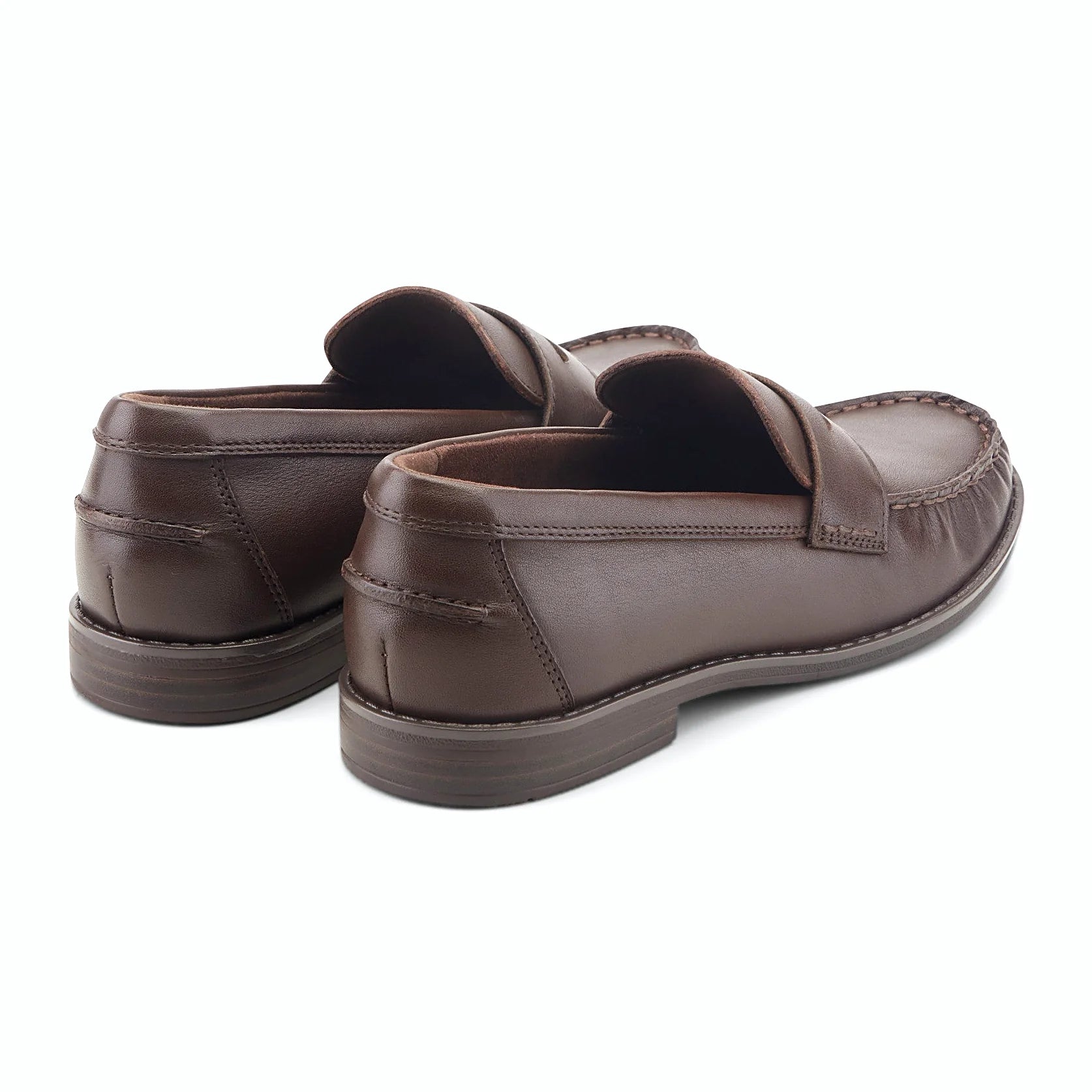 Rear view of a penny loafer showing the stacked heel and rubber outsole