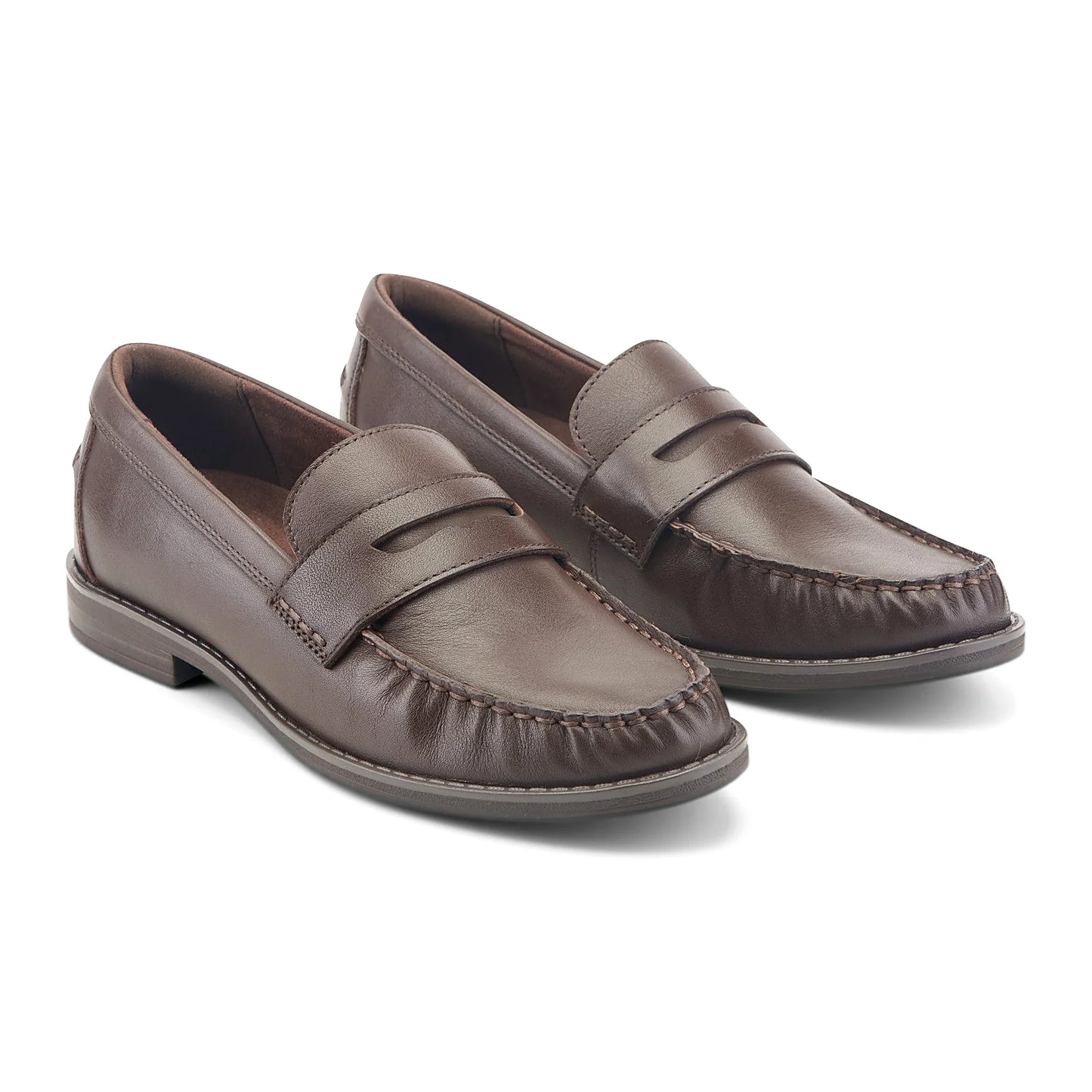 Angled view of a penny loafer showing gathered moc-toe seaming and a low stacked heel
