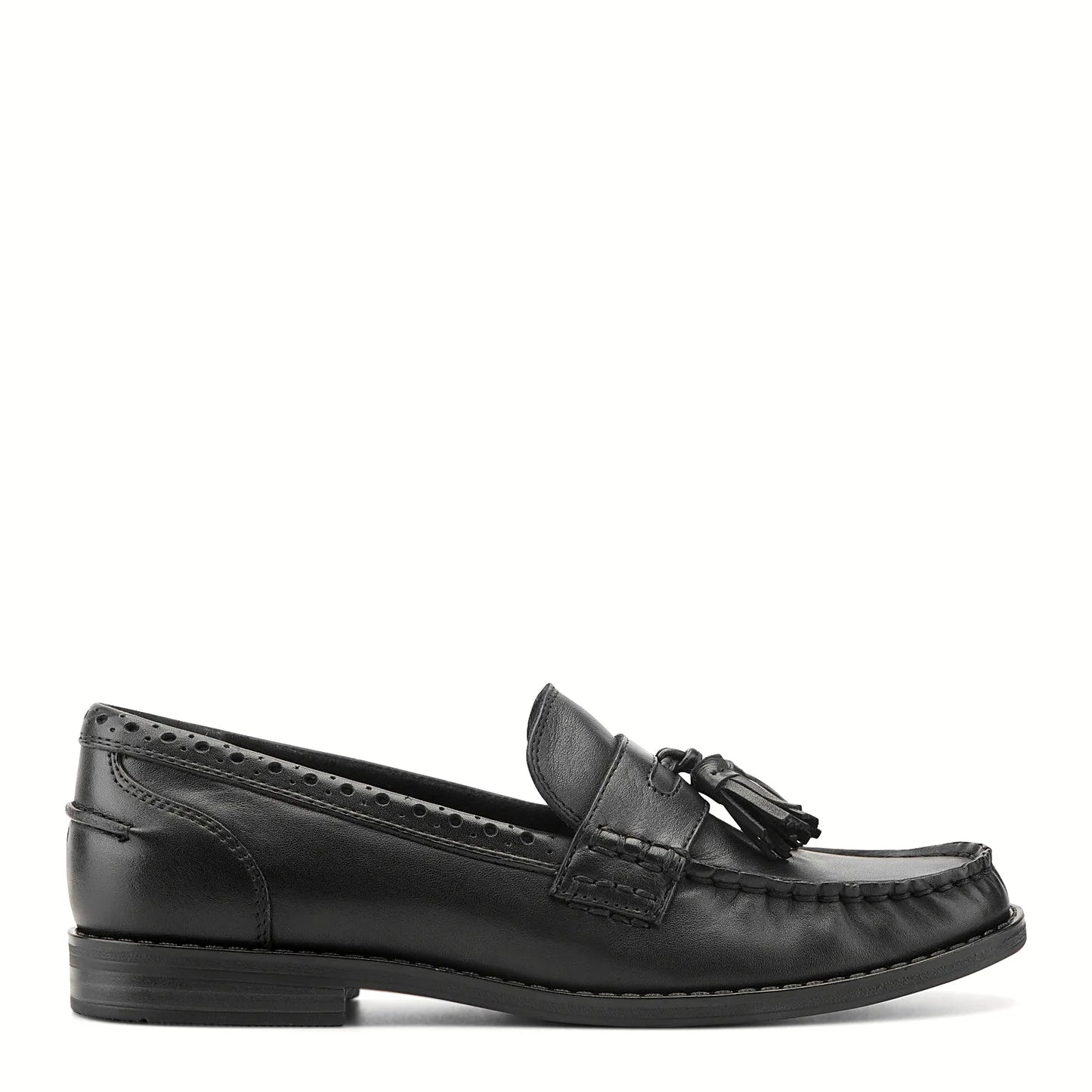 Side view of a black leather moc-toe loafer with a tasseled strap