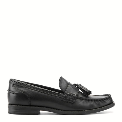 Side view of a black leather moc-toe loafer with a tasseled strap