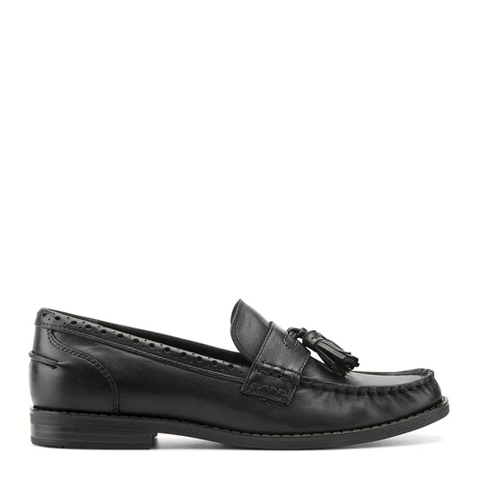 Side view of a black leather moc-toe loafer with a tasseled strap