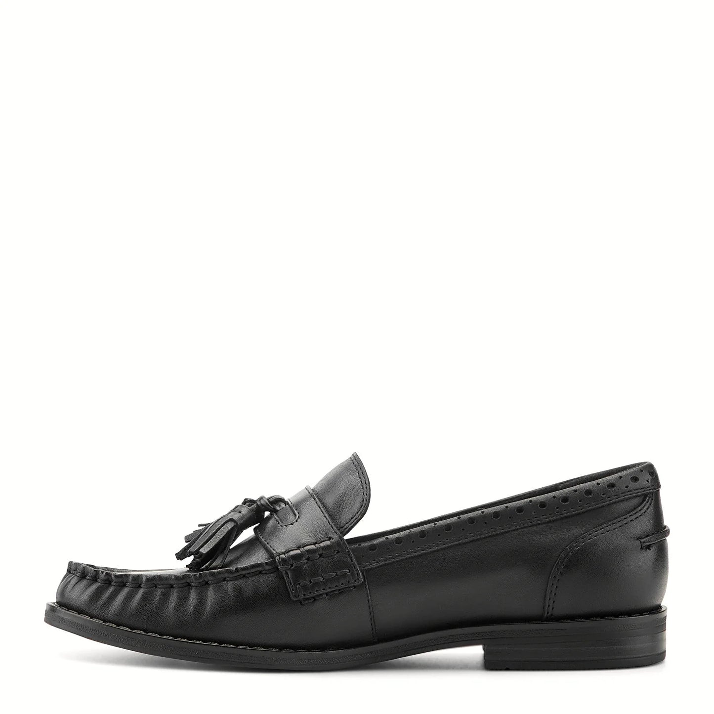 Pair of tassel moc-toe loafers photographed from above on a plain background