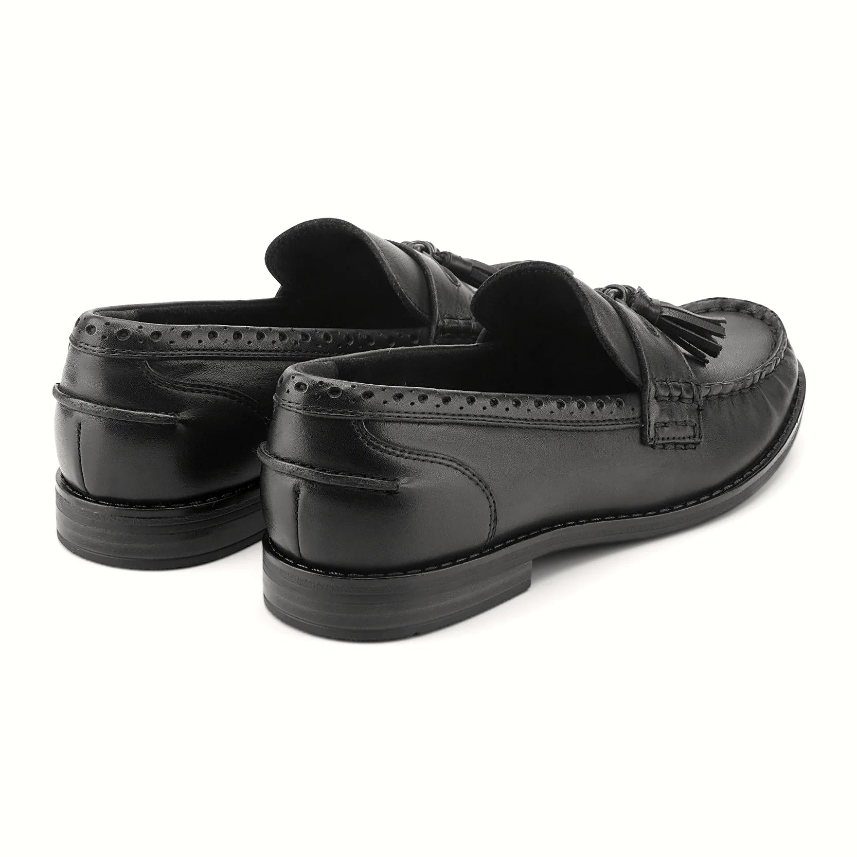 Rear view of a tassel loafer showing the low stacked heel
