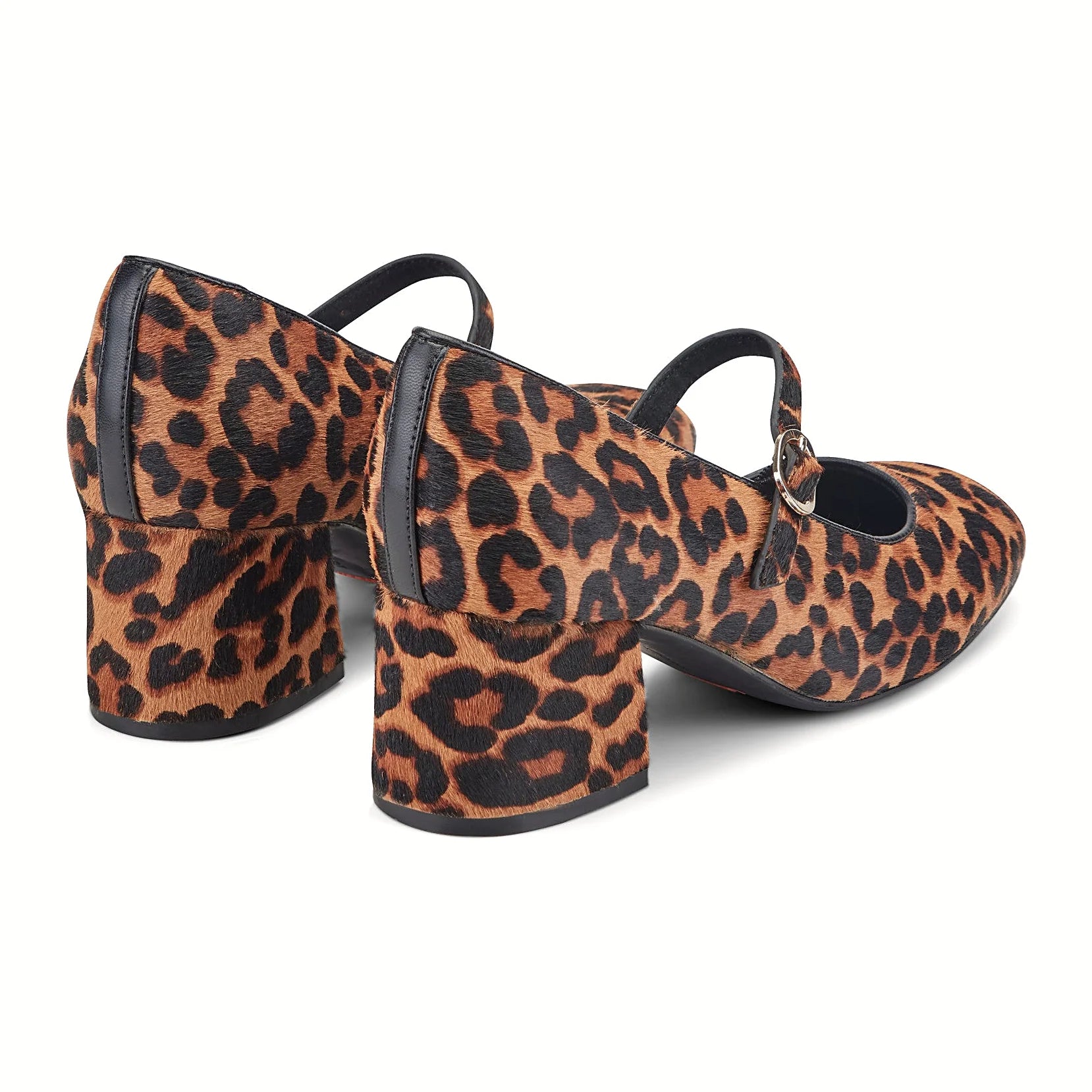 Rear view of a mary jane pump showing the block heel