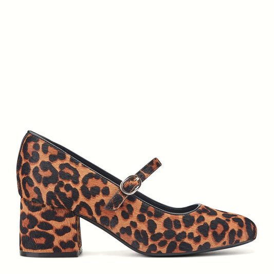 Side view of a leopard print mary jane pump on a block heel