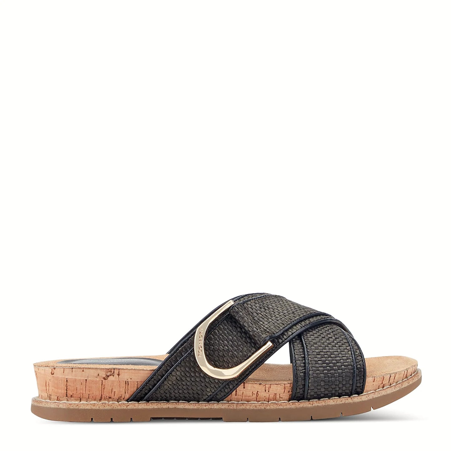 Side view of a black woven slide sandal on a cork-wrapped midsole