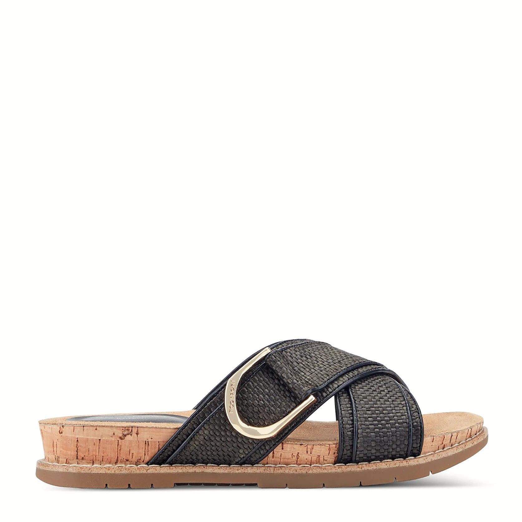 Side view of a black woven slide sandal on a cork-wrapped midsole