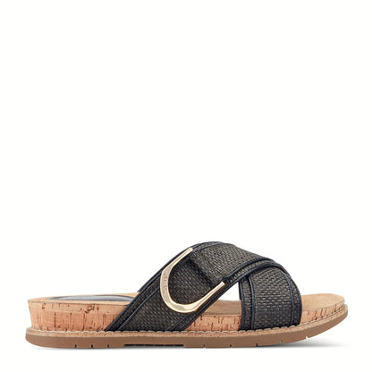 Side view of a black woven slide sandal on a cork-wrapped midsole