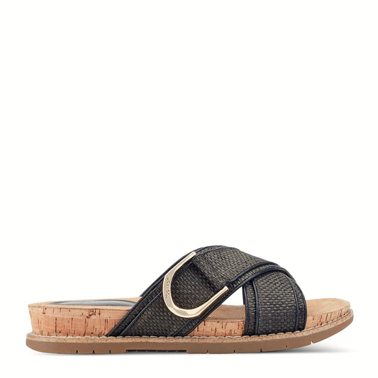 Side view of a black woven slide sandal on a cork-wrapped midsole