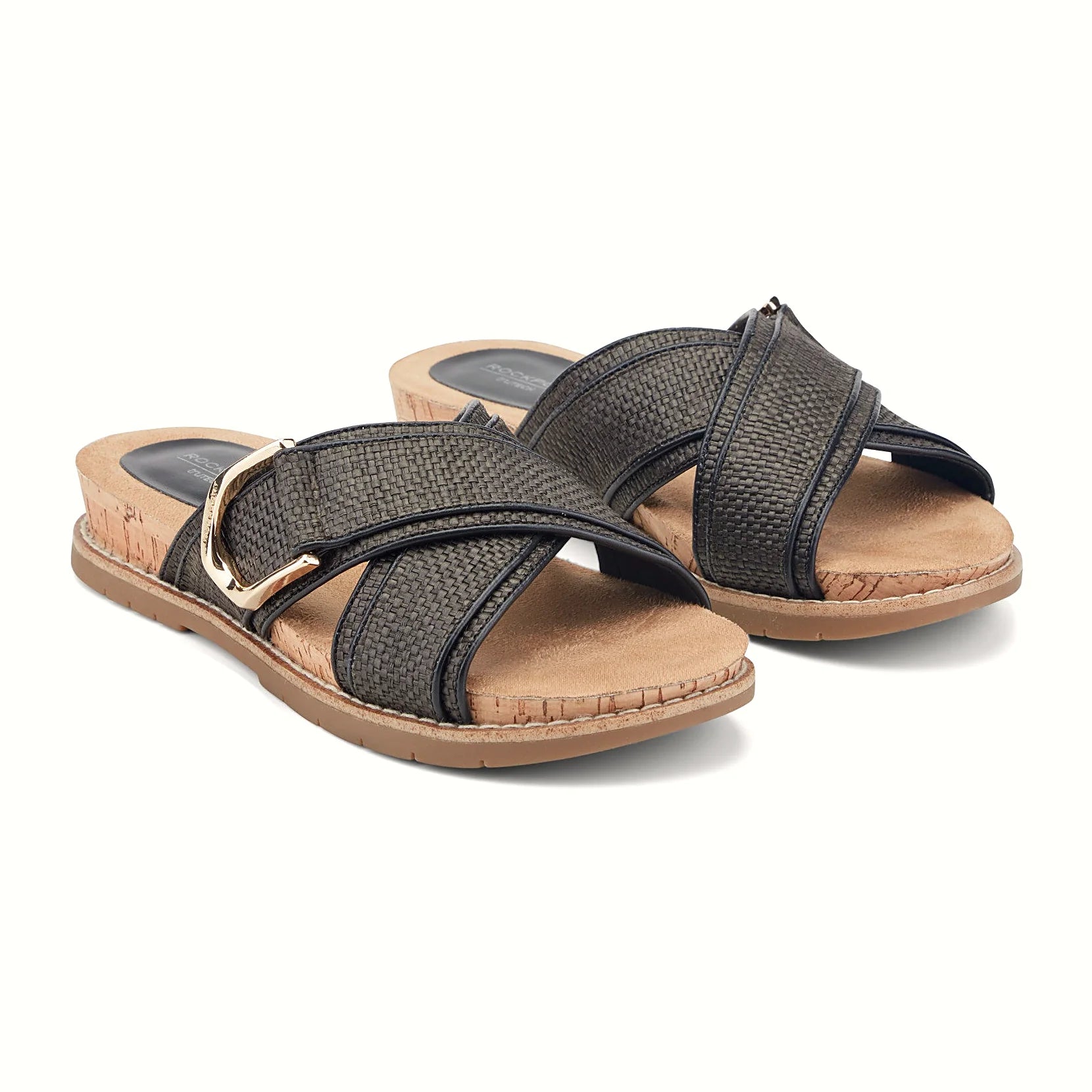 Close view of the crossover straps and polished gold buckle on a slide sandal