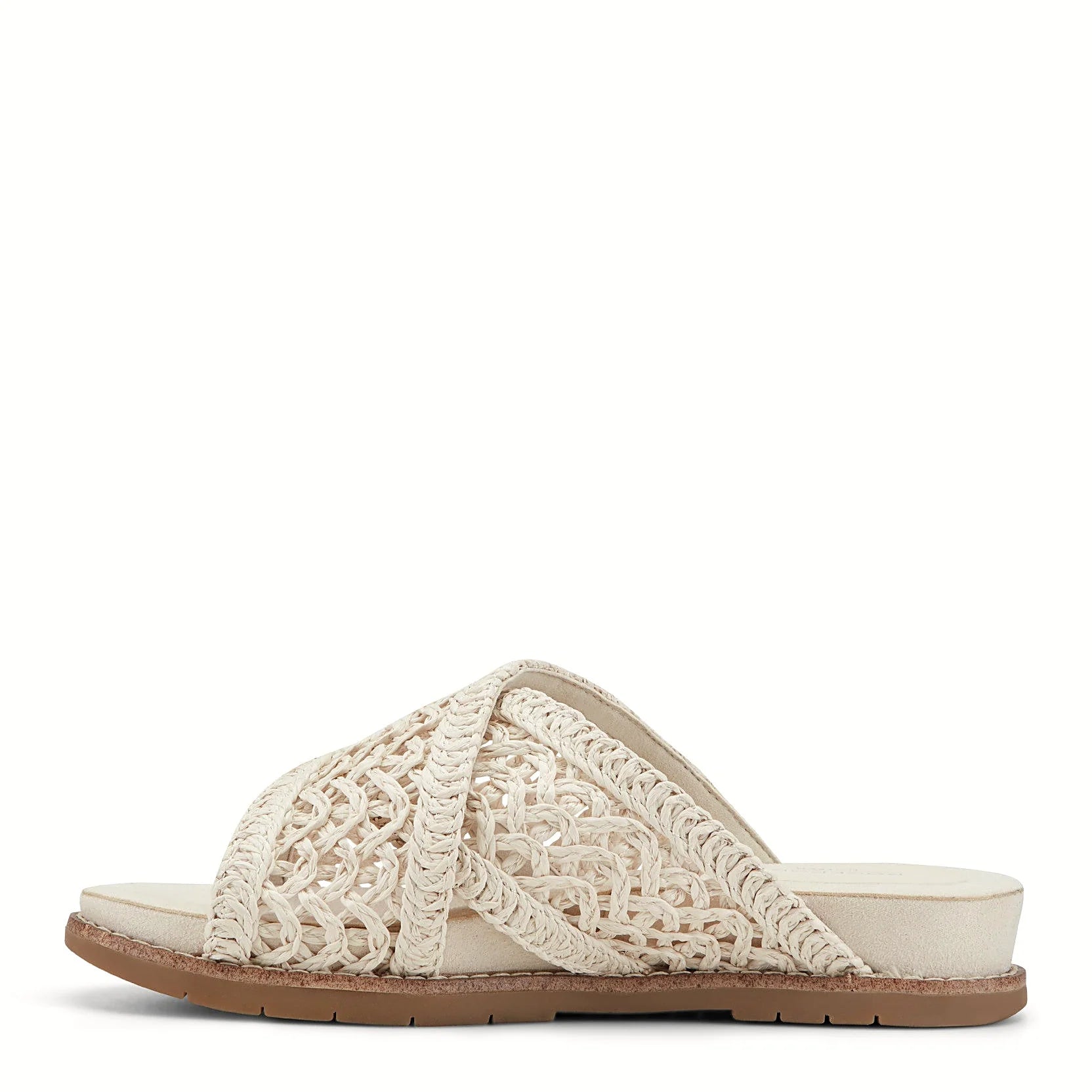 Pair of lattice slide sandals photographed from above on a plain background