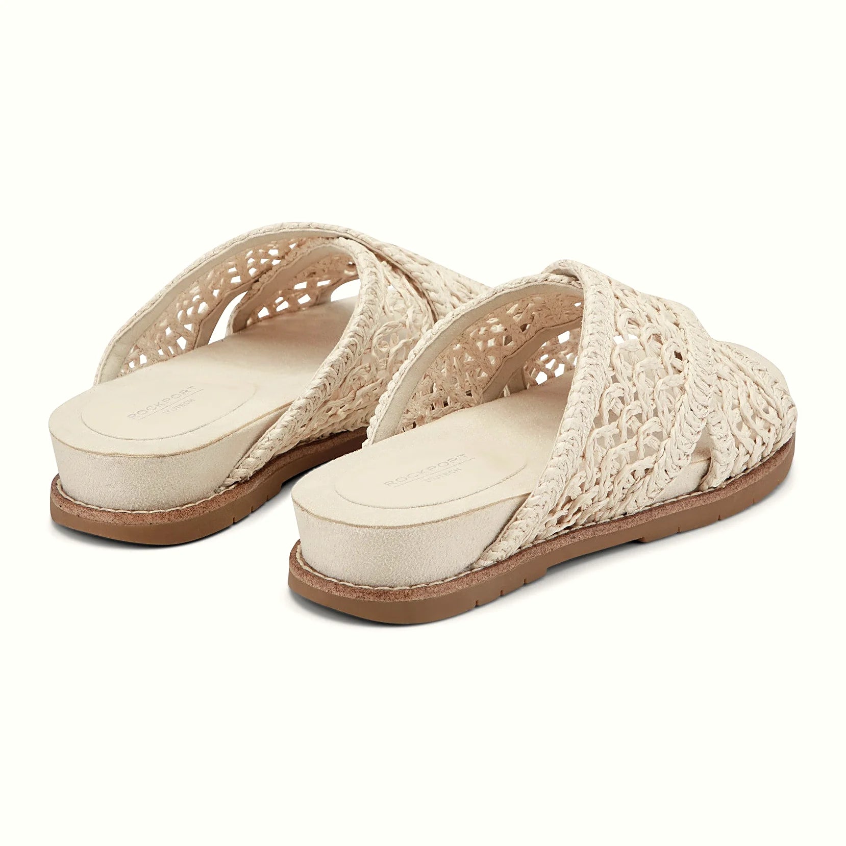 Rear view of a flat slide sandal showing the stitched midsole edge
