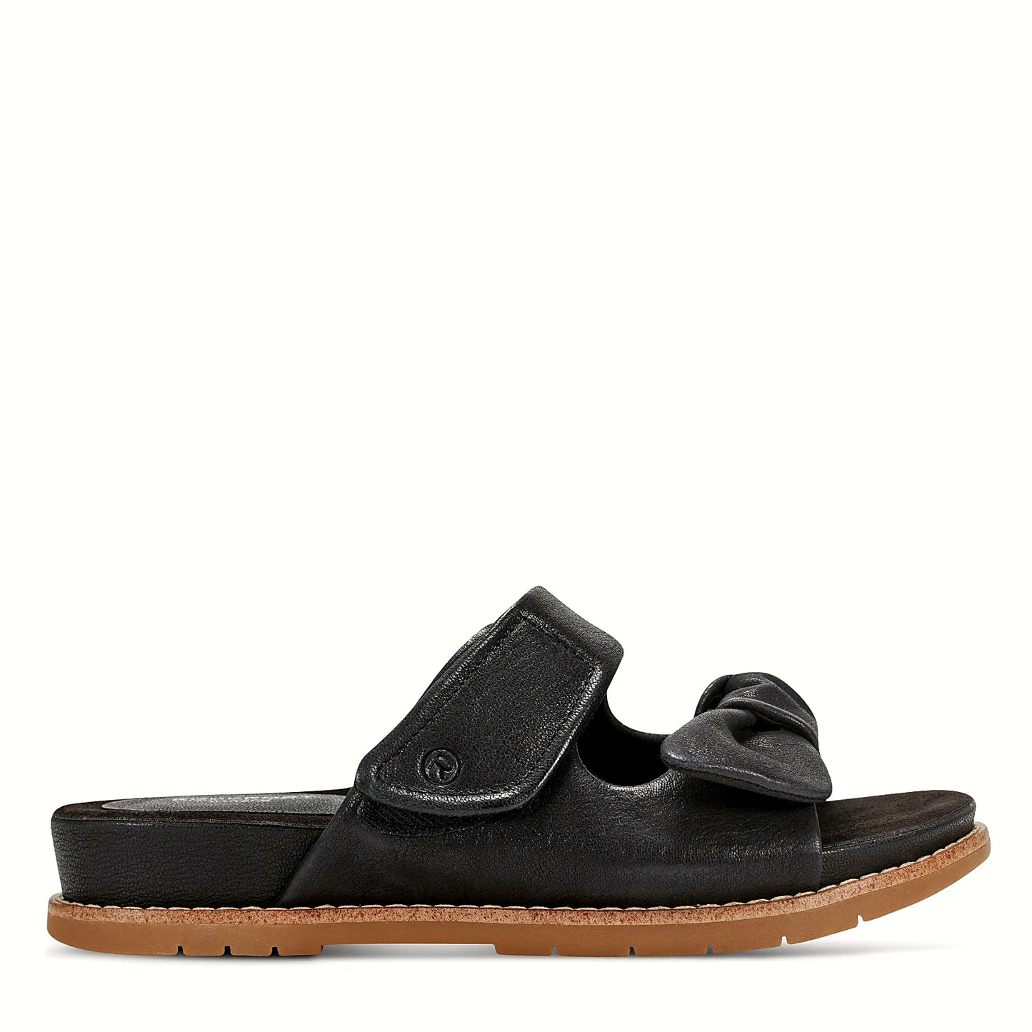 Side view of a black leather two-strap sandal on a cork-wrapped midsole