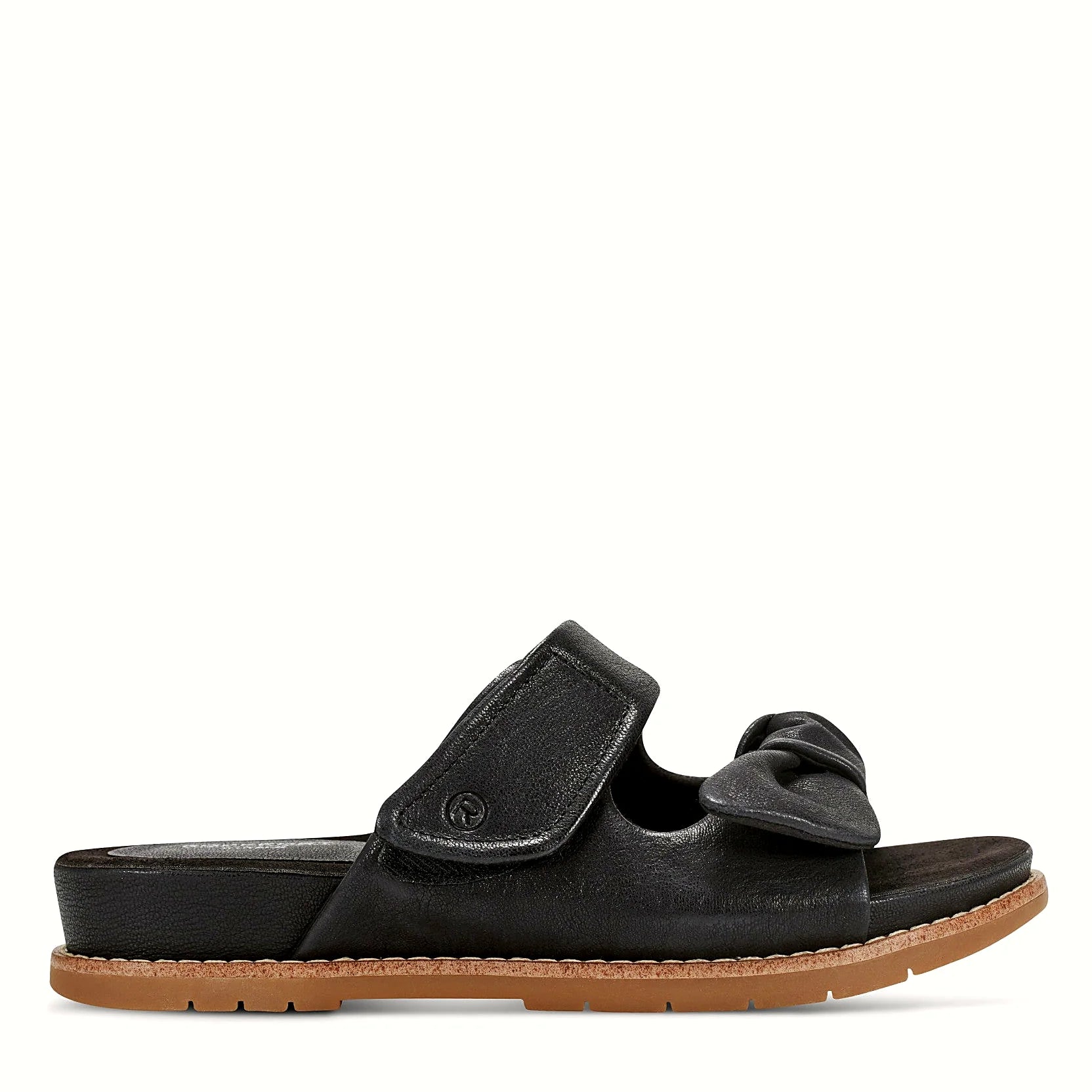 Side view of a black leather two-strap sandal on a cork-wrapped midsole